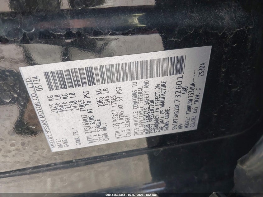 2024 Nissan Rogue VIN 5N1BT3AB1RC732601 IAAI salvage auction — HAIL, Salvage Title, sold $7,575 on 2026-07-28 (photo 9)