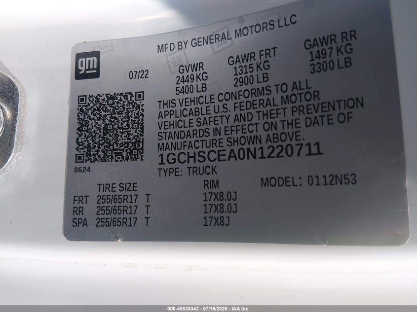 2022 Chevrolet Colorado VIN 1GCHSCEA0N1220711 IAAI salvage auction — SIDE, Salvage Title, sold $7,000 on 2026-07-30 (photo 9)
