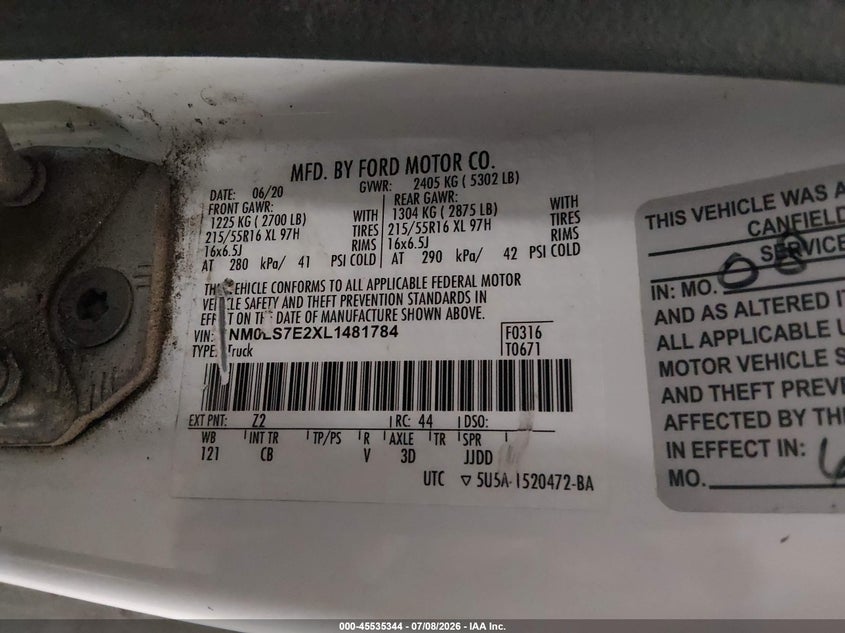 2020 Ford Transit VIN NM0LS7E2XL1481784 IAAI salvage auction — LEFT SIDE, Salvage Title, sold $275 on 2026-07-28 (photo 9)