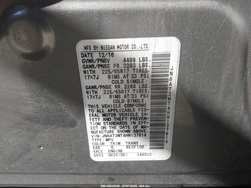 2017 Nissan Rogue VIN JN8AT2MT4HW137614 IAAI salvage auction — FRONT END, Salvage (California), sold $2,225 on 2026-07-16 (photo 9)