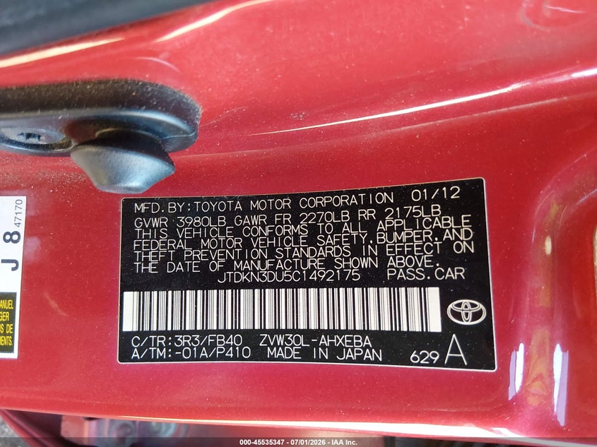 2012 Toyota Prius VIN JTDKN3DU5C1492175 IAAI salvage auction — LEFT SIDE, Salvage Title, sold $1,350 on 2026-07-28 (photo 9)