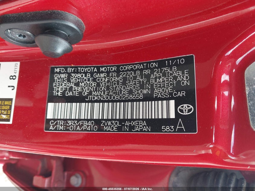 2011 Toyota Prius VIN JTDKN3DU0B0258658 IAAI salvage auction — FRONT END, Clear (Virginia), sold $675 on 2026-07-24 (photo 9)
