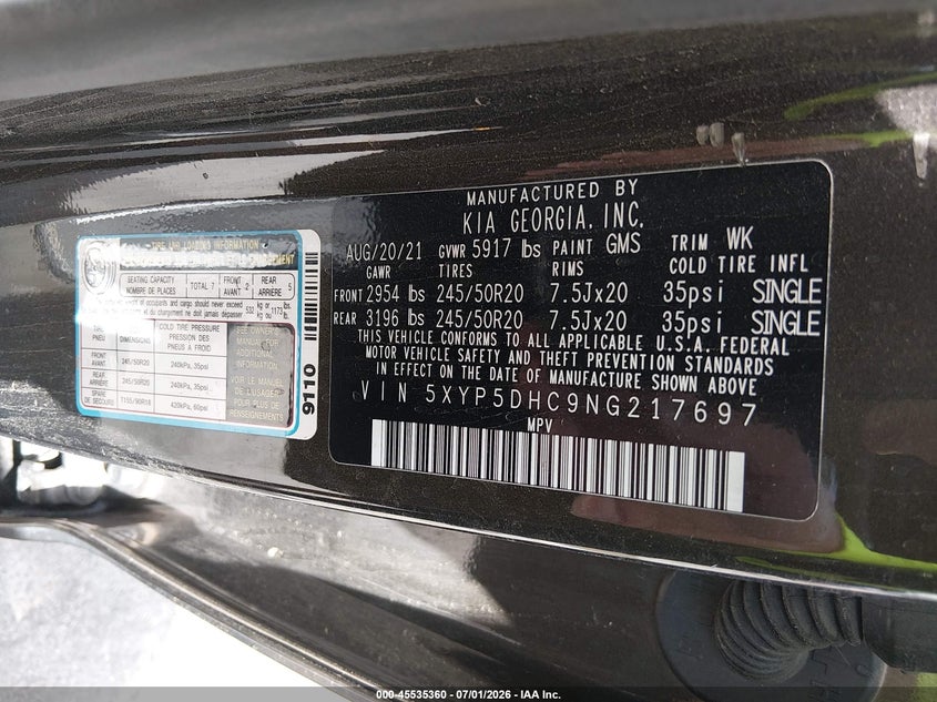 2022 Kia Telluride VIN 5XYP5DHC9NG217697 IAAI salvage auction — FRONT END, Salvage Title, sold $1,950 on 2026-07-30 (photo 9)