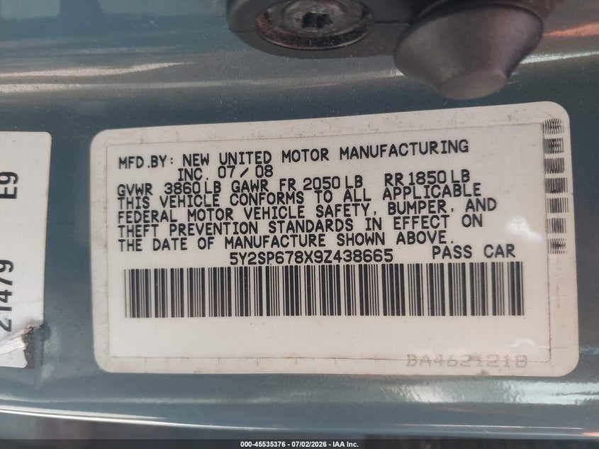 2009 Pontiac Vibe VIN 5Y2SP678X9Z438665 IAAI salvage auction — NORMAL WEAR, Original (Texas), sold $825 on 2026-07-08 (photo 9)
