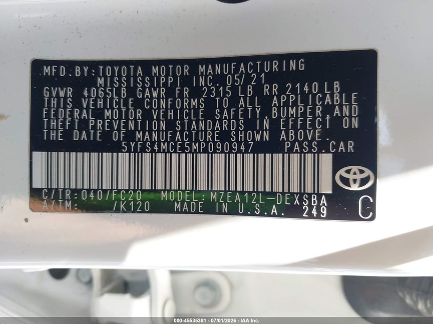 2021 Toyota Corolla VIN 5YFS4MCE5MP090947 IAAI salvage auction — LEFT FRONT, Salvage (California), sold $6,700 on 2026-07-10 (photo 9)