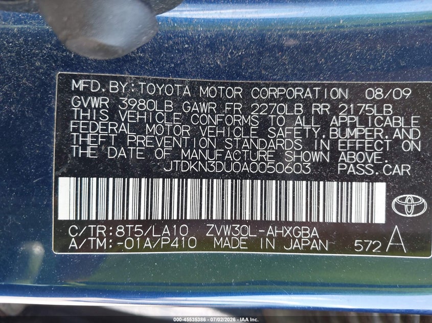 2010 Toyota Prius VIN JTDKN3DU0A0050603 IAAI salvage auction — NORMAL WEAR, Original (Maine), sold $1,800 on 2026-07-13 (photo 9)