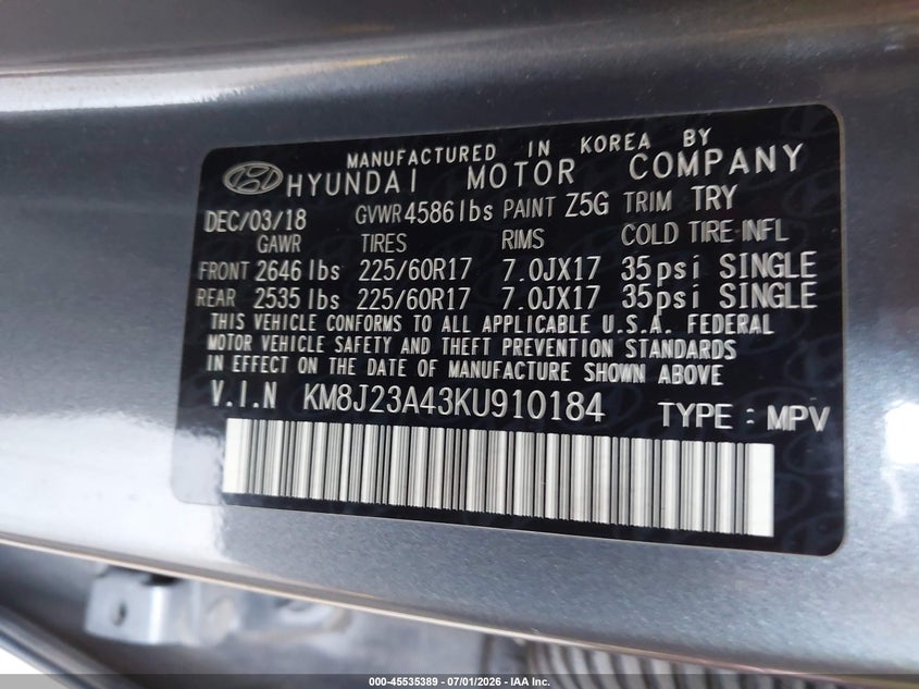 2019 Hyundai Tucson VIN KM8J23A43KU910184 IAAI salvage auction — RIGHT FRONT, Salvage Title, sold $2,900 on 2026-07-24 (photo 9)
