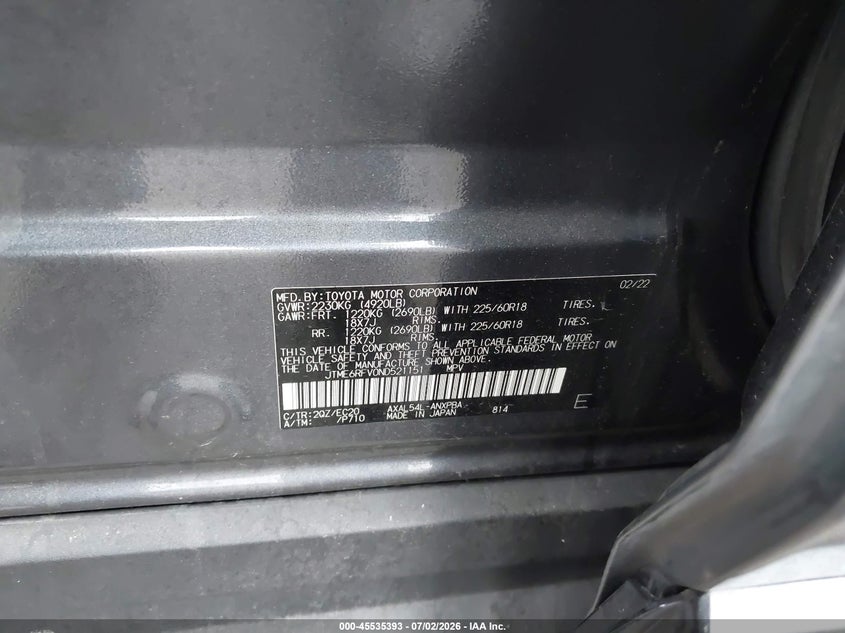 2022 Toyota Rav 4 VIN JTME6RFV0ND521151 IAAI salvage auction — REAR END, Salvage Title, sold $14,600 on 2026-07-26 (photo 9)