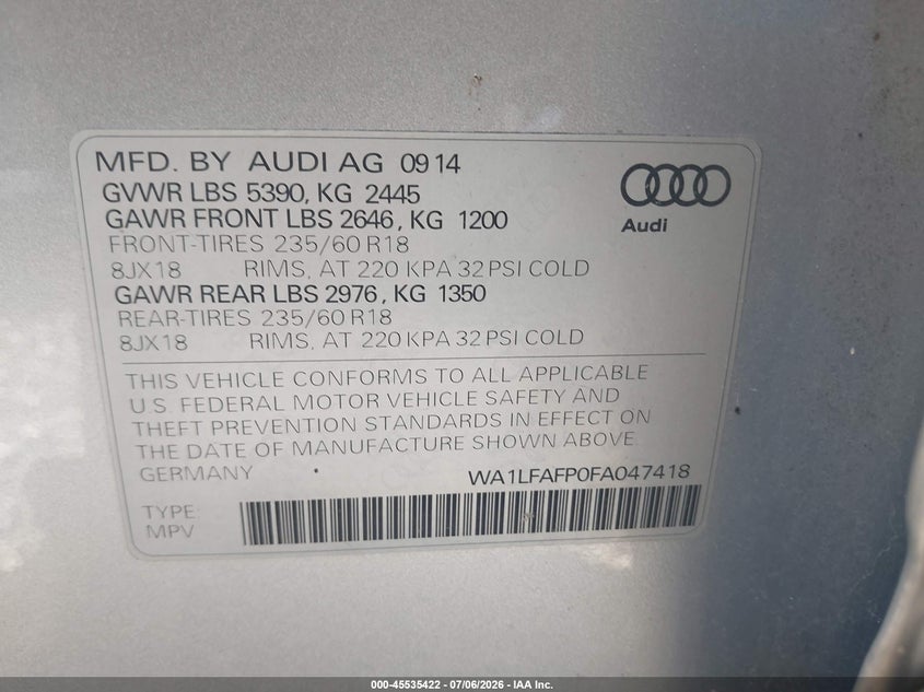 2015 Audi Q5 VIN WA1LFAFP0FA047418 IAAI salvage auction — NORMAL WEAR, Clear (Illinois), sold $875 on 2026-07-15 (photo 9)