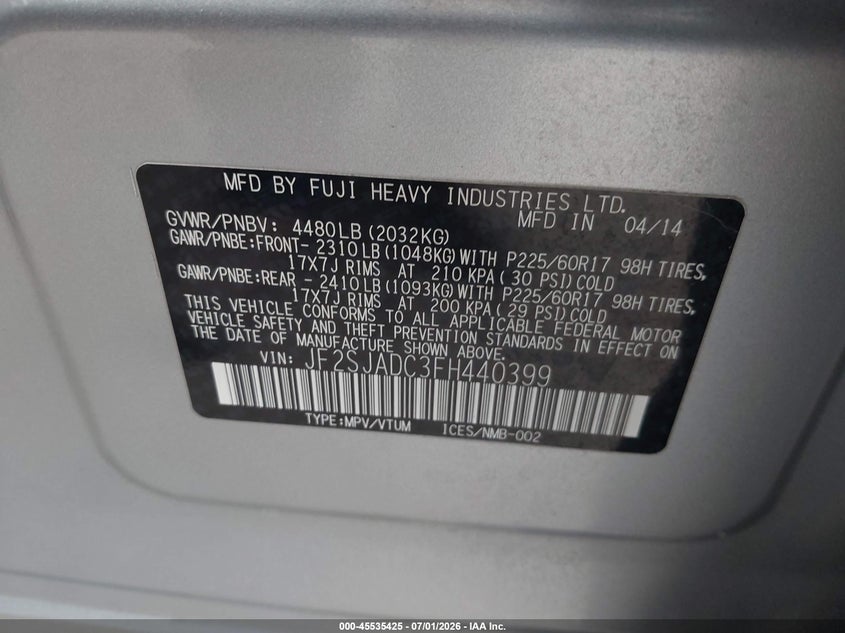 2015 Subaru Forester VIN JF2SJADC3FH440399 IAAI salvage auction — FRONT END, Salvage (California), sold $1,700 on 2026-07-10 (photo 9)