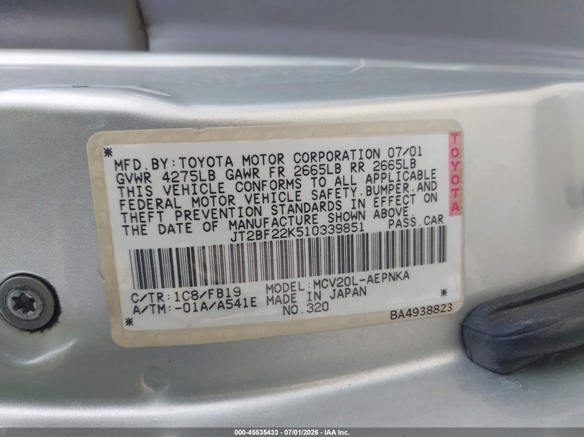 2001 Toyota Camry VIN JT2BF22K510339851 IAAI salvage auction — LEFT REAR, Salvage (California), sold $300 on 2026-07-15 (photo 9)