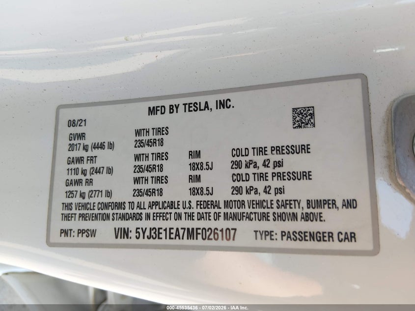 2021 Tesla Model 3 VIN 5YJ3E1EA7MF026107 IAAI salvage auction — FRONT END, Salvage (North Carolina), sold $7,825 on 2026-07-29 (photo 9)