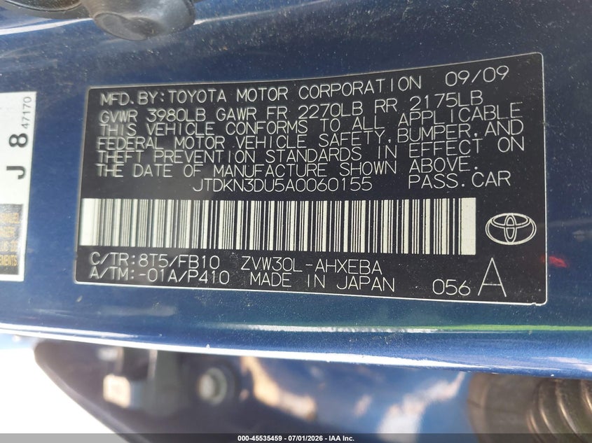 2010 Toyota Prius VIN JTDKN3DU5A0060155 IAAI salvage auction — REAR END, Salvage (California), sold $25 on 2026-07-29 (photo 9)