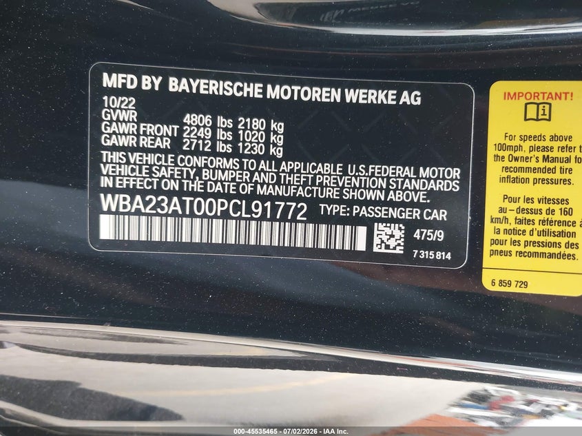 2023 BMW 4er VIN WBA23AT00PCL91772 IAAI salvage auction — RIGHT FRONT, Salvage (California), sold $17,200 on 2026-07-31 (photo 9)
