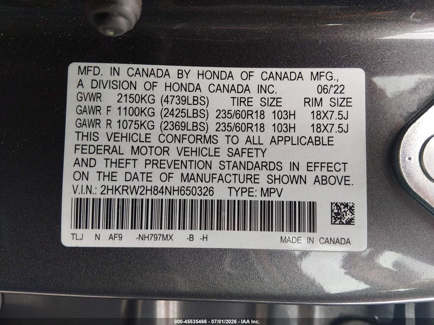 2022 Honda Cr-v VIN 2HKRW2H84NH650326 IAAI salvage auction — FRONT & REAR, Salvage Title, sold $6,000 on 2026-07-30 (photo 9)