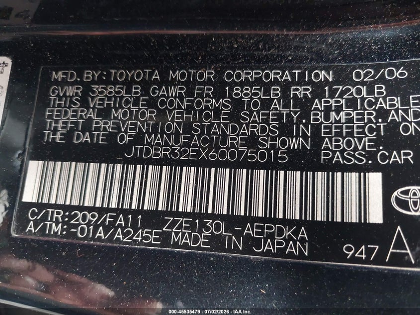 2006 Toyota Corolla VIN JTDBR32EX60075015 IAAI salvage auction — LEFT FRONT, Salvage Certificate (California), sold $325 on 2026-07-19 (photo 9)