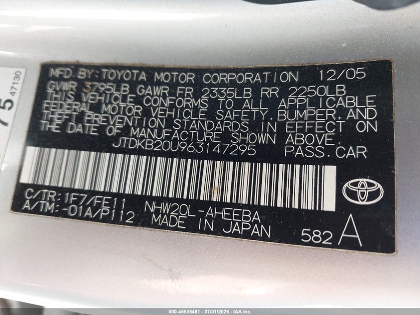 2006 Toyota Prius VIN JTDKB20U963147295 IAAI salvage auction — UNDERCARRIAGE, Salvage (California), sold $1,050 on 2026-07-27 (photo 9)