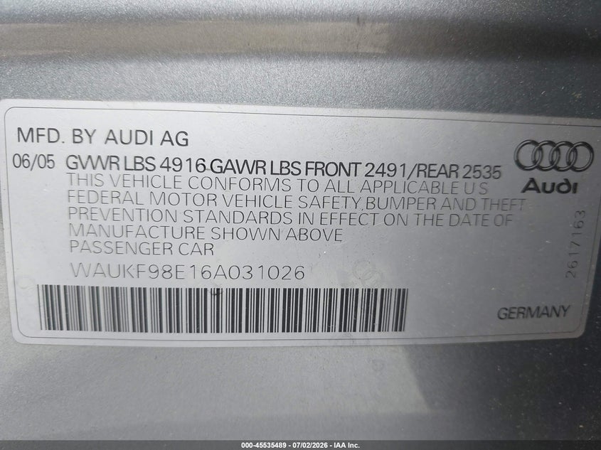 2006 Audi A4 VIN WAUKF98E16A031026 IAAI salvage auction — NORMAL WEAR, Clear - Dealer Only (California), sold $475 on 2026-07-08 (photo 9)