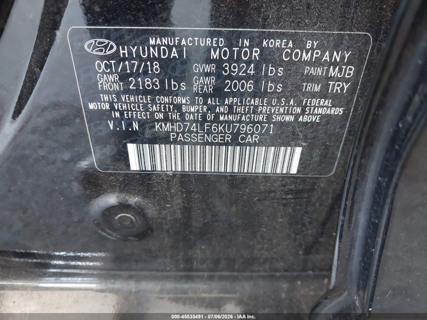 2019 Hyundai Elantra VIN KMHD74LF6KU796071 IAAI salvage auction — REAR END, Salvage (California), sold $2,500 on 2026-07-30 (photo 9)