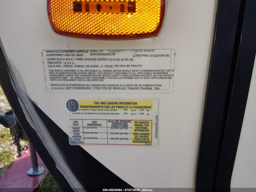 2019 Kz Sport trek 327v1k travel trailer VIN 4EZT13220K8053035 IAAI salvage auction — SIDE, Junk Bill Of Sale Mv2459 (Wisconsin), sold $2,900 on 2026-07-23 (photo 9)