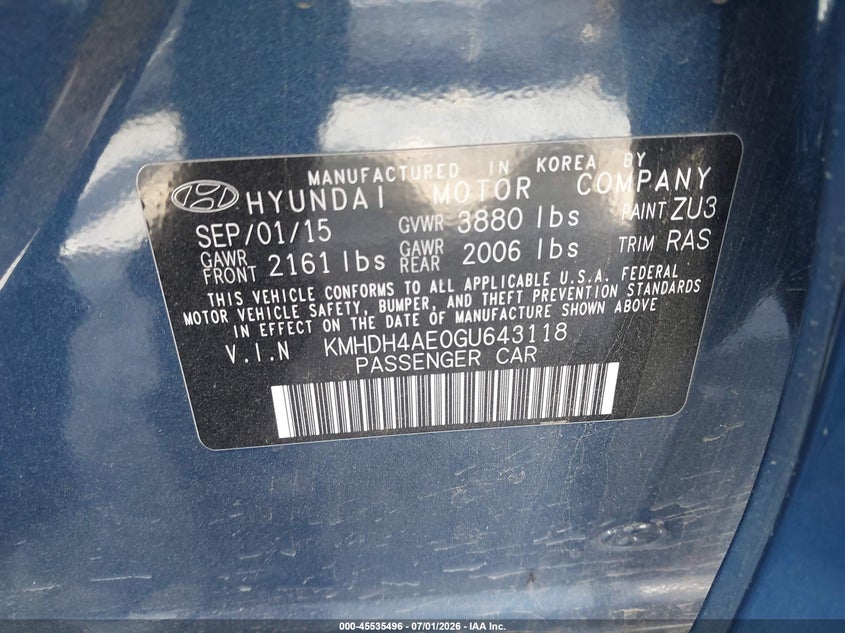 2016 Hyundai Elantra VIN KMHDH4AE0GU643118 IAAI salvage auction — FRONT END, Salvage (California), sold $1,350 on 2026-07-15 (photo 9)