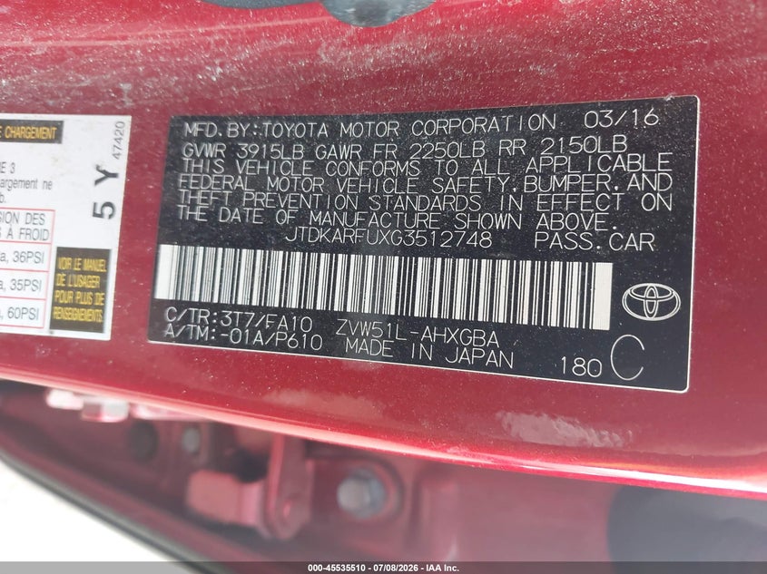 2016 Toyota Prius VIN JTDKARFUXG3512748 IAAI salvage auction — LEFT FRONT, Bill Of Sale (Washington), sold $4,400 on 2026-07-21 (photo 9)