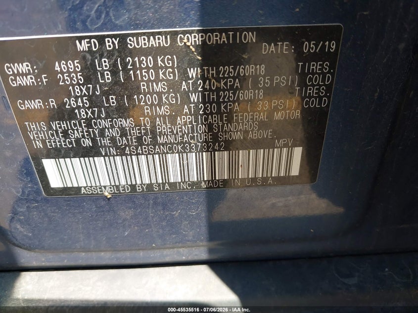 2019 Subaru Outback VIN 4S4BSANC0K3373242 IAAI salvage auction — FRONT END, Clear (Michigan), sold $3,200 on 2026-09-05 (photo 9)