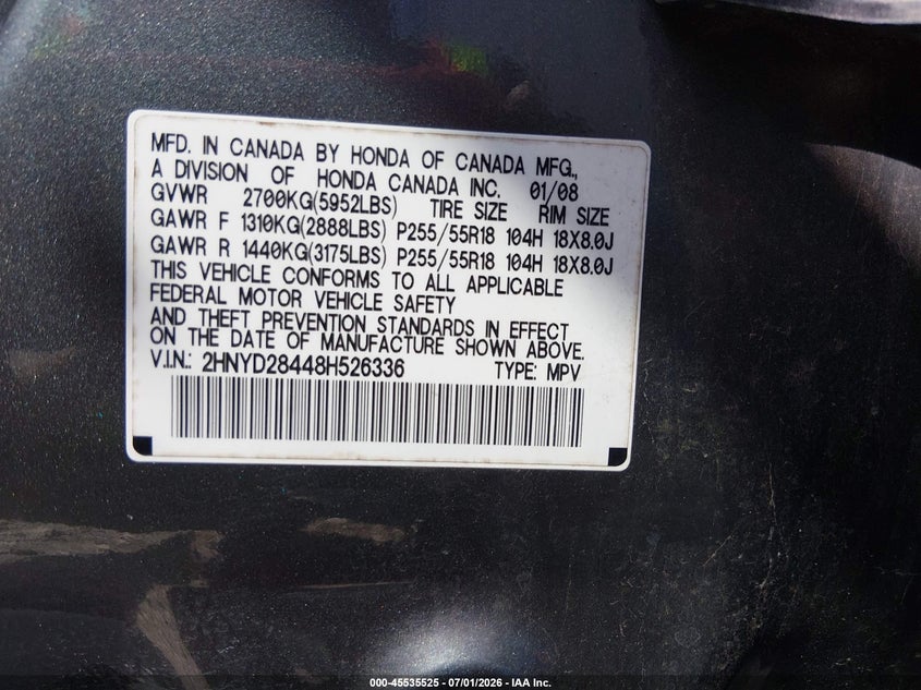 2008 Acura Mdx VIN 2HNYD28448H526336 IAAI salvage auction — NORMAL WEAR, Clear (Tennessee), sold $525 on 2026-07-09 (photo 9)