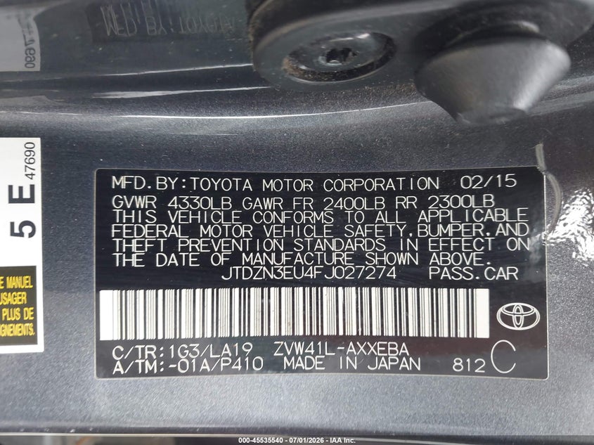 2015 Toyota Prius v VIN JTDZN3EU4FJ027274 IAAI salvage auction — NORMAL WEAR, Clear (Washington), sold $3,150 on 2026-07-15 (photo 9)
