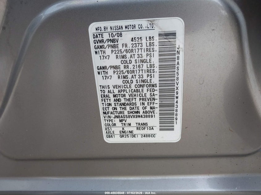 2009 Nissan Rogue VIN JN8AS58VX9W438891 IAAI salvage auction — RIGHT SIDE, Bill Of Sale (Washington), sold $400 on 2026-07-15 (photo 9)