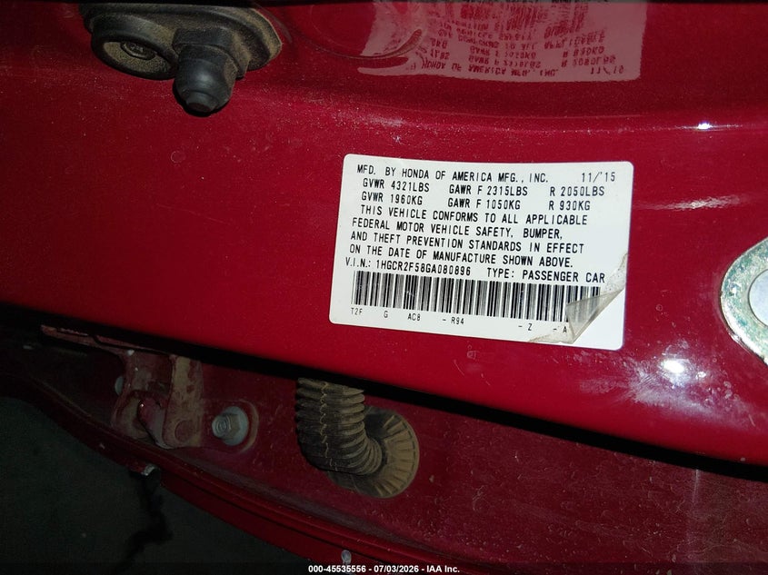 2016 Honda Accord VIN 1HGCR2F58GA080896 IAAI salvage auction — SIDE, Salvage Title, sold $2,050 on 2026-07-28 (photo 9)