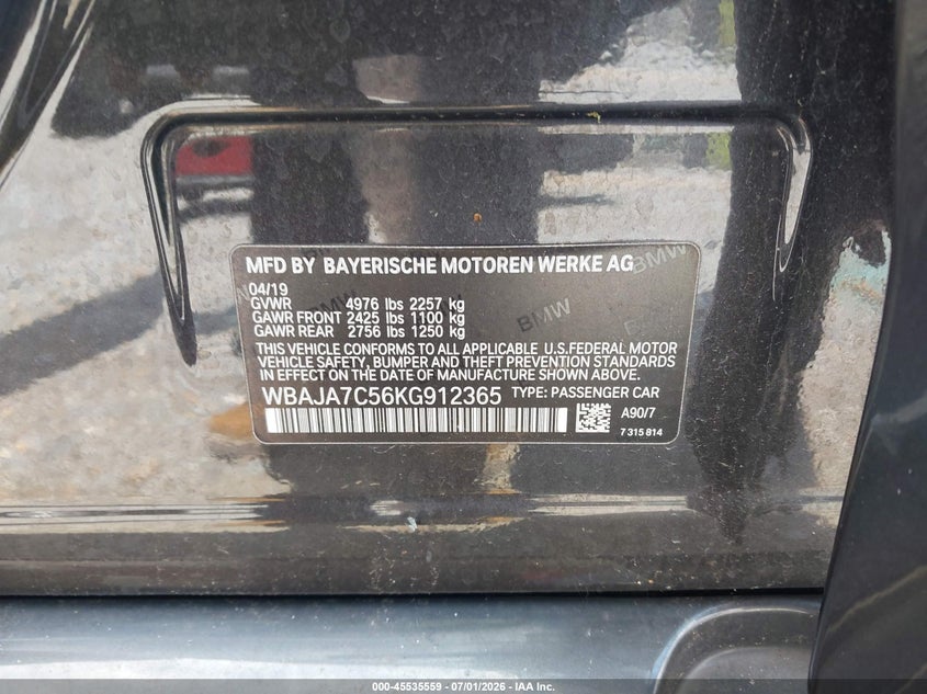 2019 BMW 5 series VIN WBAJA7C56KG912365 IAAI salvage auction — NORMAL WEAR, Clear (Mississippi), sold $7,850 on 2026-07-17 (photo 9)