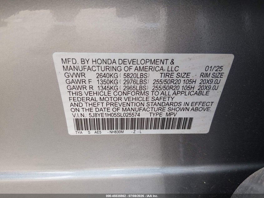 2025 Acura Mdx VIN 5J8YE1H05SL025574 IAAI salvage auction — FRONT END, Wait Title, sold $20,150 on 2026-09-09 (photo 9)