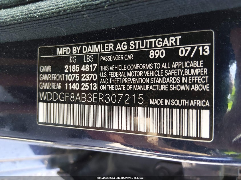 2014 Mercedes-benz C class VIN WDDGF8AB3ER307215 IAAI salvage auction — NORMAL WEAR, Clear (Tennessee), sold $925 on 2026-07-29 (photo 9)