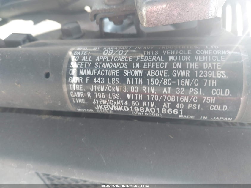 2008 Kawasaki Vn1600 VIN JKBVNKD198A018661 IAAI salvage auction — NORMAL WEAR, Original (Ohio), sold $350 on 2026-07-21 (photo 9)