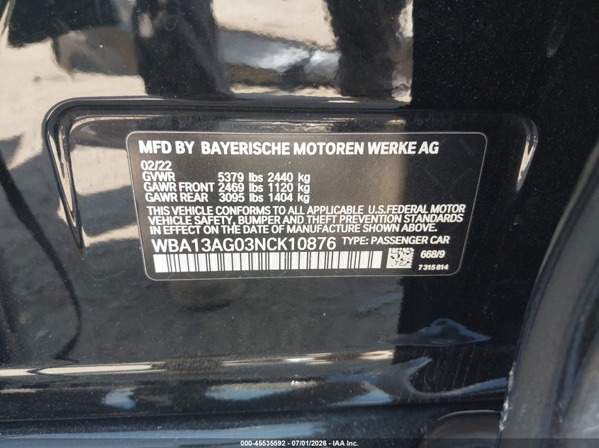 2022 BMW 5er VIN WBA13AG03NCK10876 IAAI salvage auction — REAR END, Wait Title, sold $10,800 on 2026-08-16 (photo 9)