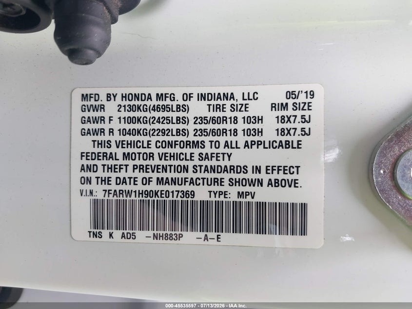 2019 Honda Cr-v VIN 7FARW1H90KE017369 IAAI salvage auction — REAR END, Salvage Certificate (California), sold $9,900 on 2026-07-18 (photo 9)