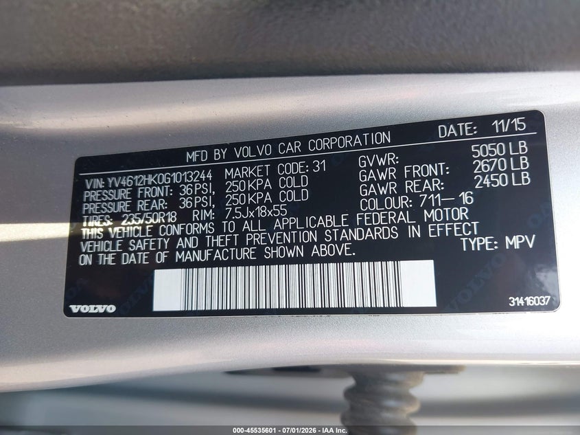 2016 Volvo V60 cross country VIN YV4612HK0G1013244 IAAI salvage auction — NORMAL WEAR, Clear (Connecticut), sold $1,350 on 2026-07-23 (photo 9)