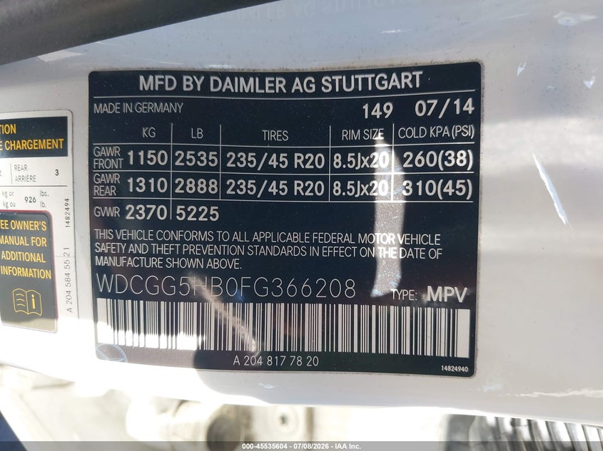 2015 Mercedes-benz Glk-klasse VIN WDCGG5HB0FG366208 IAAI salvage auction — FRONT END, Salvage Title, sold $4,050 on 2026-07-12 (photo 9)
