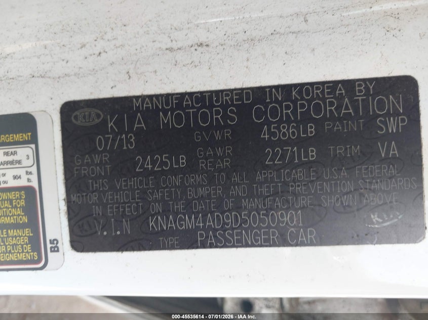 2013 Kia Optima VIN KNAGM4AD9D5050901 IAAI salvage auction — NORMAL WEAR, Clear - Dealer Only (California), sold $325 on 2026-07-22 (photo 9)