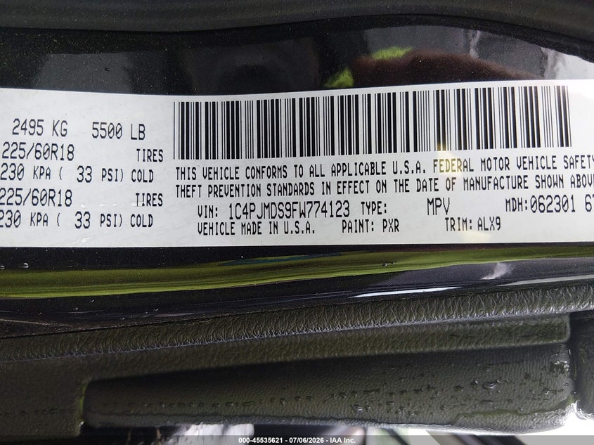 2015 Jeep Cherokee VIN 1C4PJMDS9FW774123 IAAI salvage auction — NORMAL WEAR, Clear (Massachusetts), sold $699 on 2026-08-10 (photo 9)