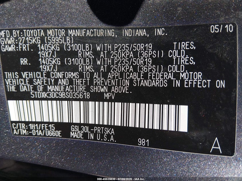 2011 Toyota Sienna VIN 5TDXK3DC9BS035618 IAAI salvage auction — NORMAL WEAR, Clear - Dealer Only (California), sold $1,250 on 2026-07-28 (photo 9)