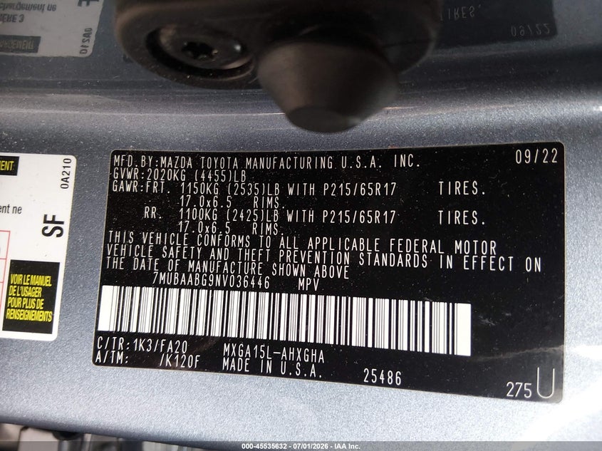 2022 Toyota Corolla cross VIN 7MUBAABG9NV036446 IAAI salvage auction — FRONT END, Salvage Title, sold $5,600 on 2026-07-22 (photo 9)