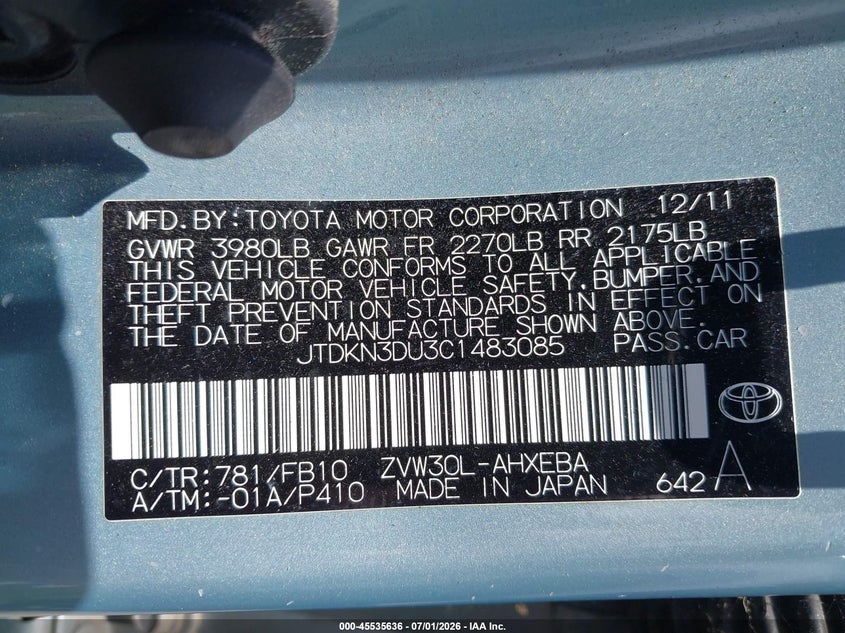 2012 Toyota Prius VIN JTDKN3DU3C1483085 IAAI salvage auction — NORMAL WEAR, Clear (Pennsylvania), sold $25 on 2026-07-08 (photo 9)