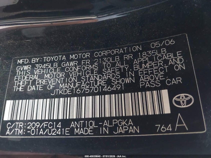 2007 Scion Tc VIN JTKDE167570146491 IAAI salvage auction — RIGHT SIDE, Salvage (California), sold $625 on 2026-07-29 (photo 9)