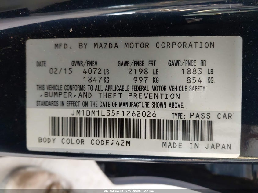 2015 Mazda 3 VIN JM1BM1L35F1262026 IAAI salvage auction — LEFT FRONT, Bill Of Sale (Washington), sold $3,250 on 2026-07-12 (photo 9)