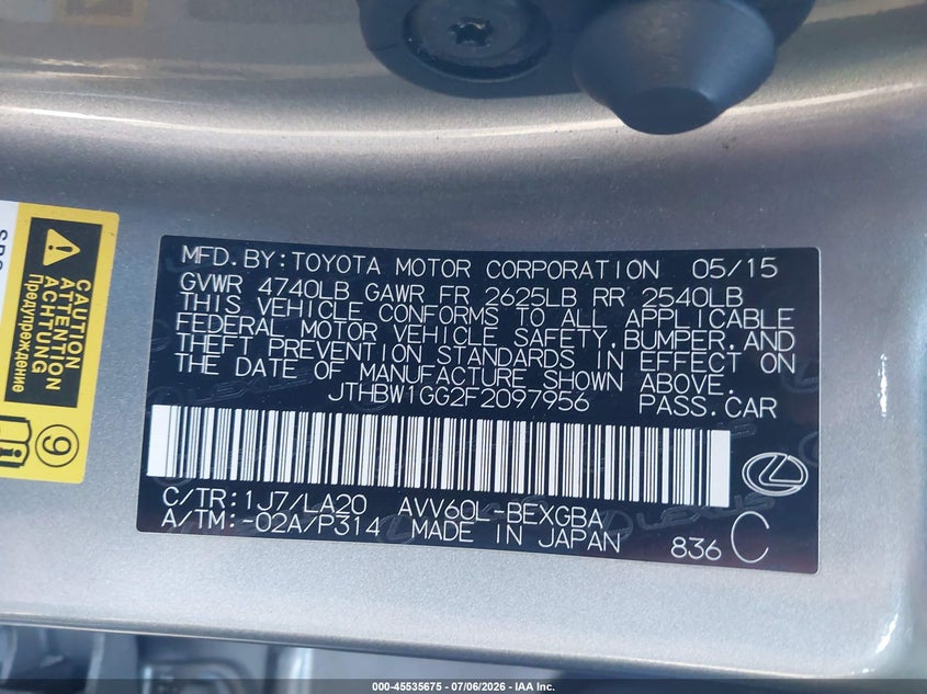 2015 Lexus ES VIN JTHBW1GG2F2097956 IAAI salvage auction — FRONT END, Salvage Certificate (California), sold $5,300 on 2026-07-17 (photo 9)
