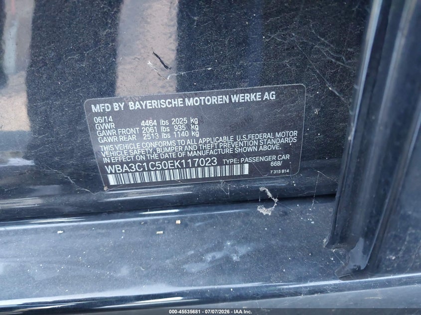 2014 BMW 3 series VIN WBA3C1C50EK117023 IAAI salvage auction — RIGHT FRONT, Salvage Certificate (California), sold $750 on 2026-07-10 (photo 9)
