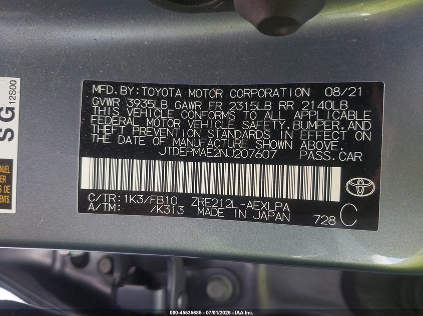 2022 Toyota Corolla VIN JTDEPMAE2NJ207607 IAAI salvage auction — REAR END, Salvage Title, sold $4,550 on 2026-07-20 (photo 9)