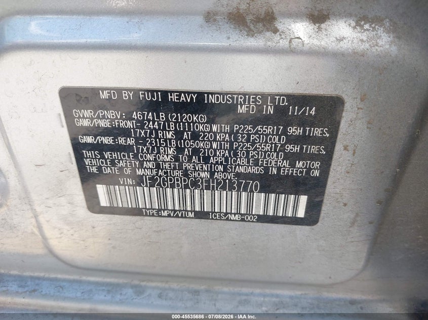 2015 Subaru Xv VIN JF2GPBPC3FH213770 IAAI salvage auction — FRONT END, Salvage (California), sold $525 on 2026-07-20 (photo 9)